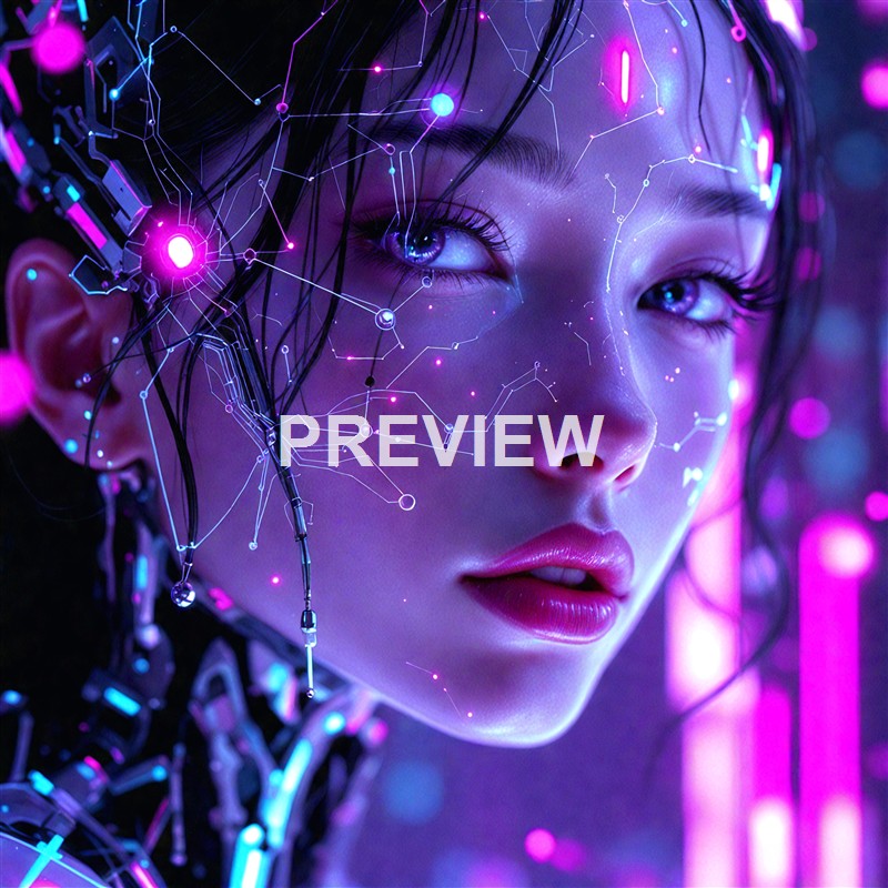 A futuristic digital portrait of a woman with glowing, circuit-like patterns and neon lighting effects on her face and hair.